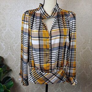Karl Lagerfeld Size Med Blouse Gold Black White Plaid Long Sleeve Ruffles NWT